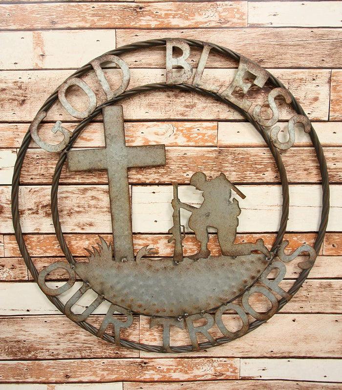 ebros gift Ebros Gift Oversized 24" Wide Vintage Rustic Round Sign Braided RopeWall Decor Decorative Greeting Plaque Western Country Ranch Home (God Bless Our Troops)