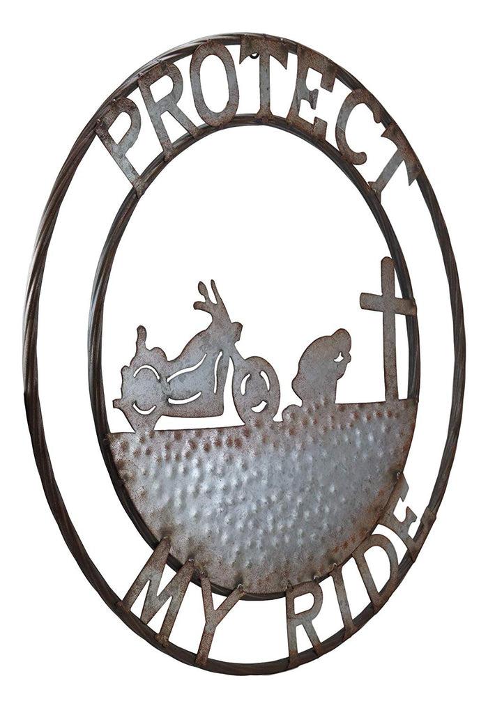 Ebros Gift Ebros Gift Oversized 24" Wide Vintage Rustic Round Sign Braided Rope Galvanized Metal Circle Wall Decor (Praying Biker Protect My Ride)