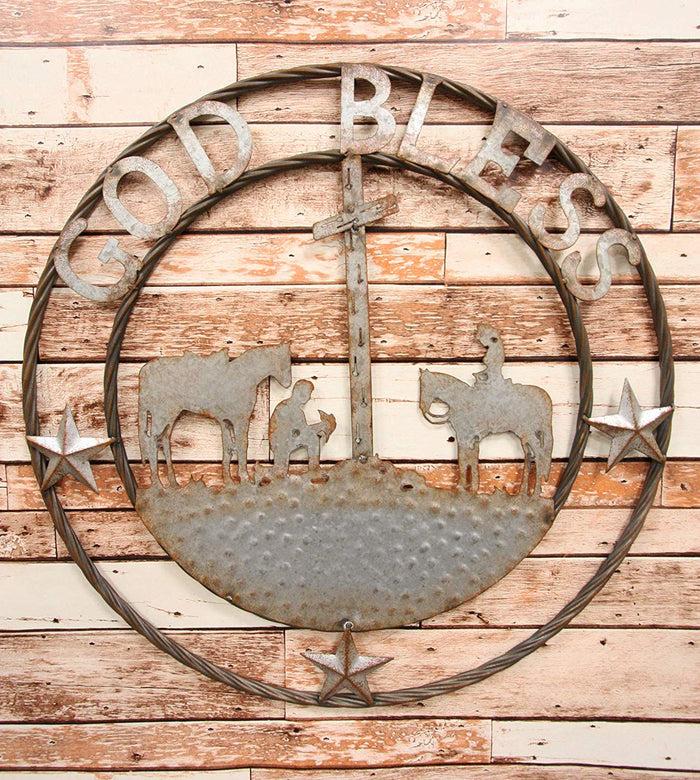 ebros gift Ebros Gift Oversized 24" Wide Vintage Rustic Round Sign Braided Rope Galvanized Metal Circle Wall Decor (Praying Cowboys God Bless)