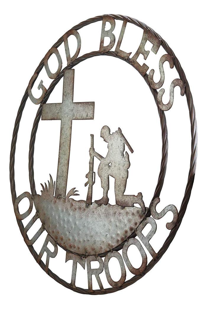 Ebros Gift Ebros Gift Oversized 24" Wide Vintage Rustic Round Sign Braided RopeWall Decor Decorative Greeting Plaque Western Country Ranch Home (God Bless Our Troops)