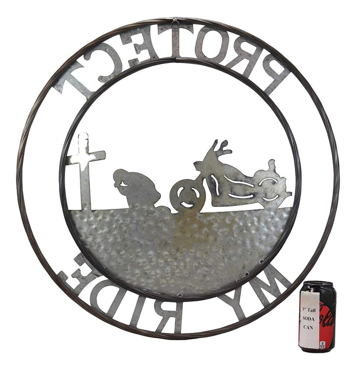 Ebros Gift Ebros Gift Oversized 24" Wide Vintage Rustic Round Sign Braided Rope Galvanized Metal Circle Wall Decor (Praying Biker Protect My Ride)