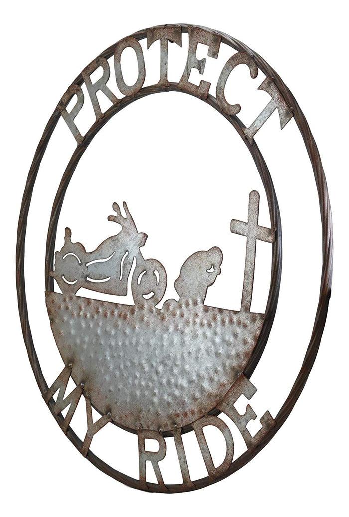 Ebros Gift Ebros Gift Oversized 24" Wide Vintage Rustic Round Sign Braided Rope Galvanized Metal Circle Wall Decor (Praying Biker Protect My Ride)
