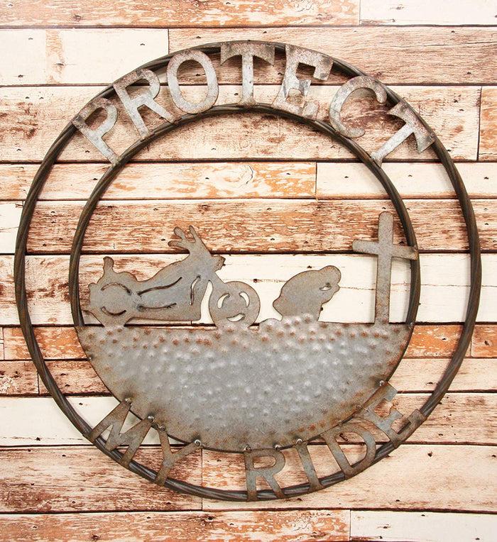 ebros gift Ebros Gift Oversized 24" Wide Vintage Rustic Round Sign Braided Rope Galvanized Metal Circle Wall Decor (Praying Biker Protect My Ride)