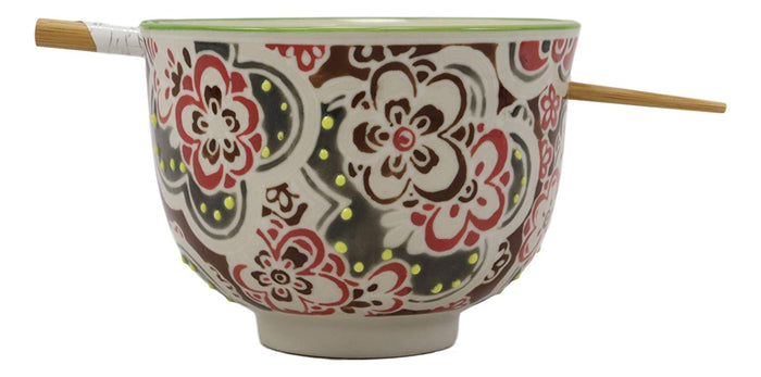 Ebros Gift Ebros Gift Persian Summer Colorful Floral Blossoms Ramen Udong Noodles 5" Diameter Bowl With Built In Chopsticks Rest And Bamboo Chopstick Set For Dining Soup Rice Meal Bowls Decor Kitchen