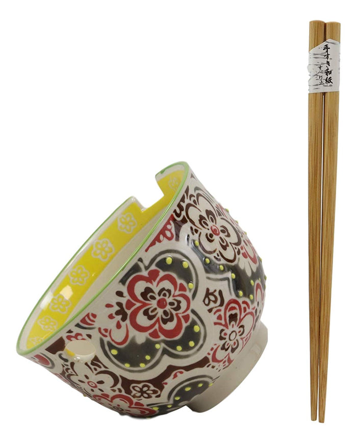 Ebros Gift Ebros Gift Persian Summer Colorful Floral Blossoms Ramen Udong Noodles 5" Diameter Bowl With Built In Chopsticks Rest And Bamboo Chopstick Set For Dining Soup Rice Meal Bowls Decor Kitchen