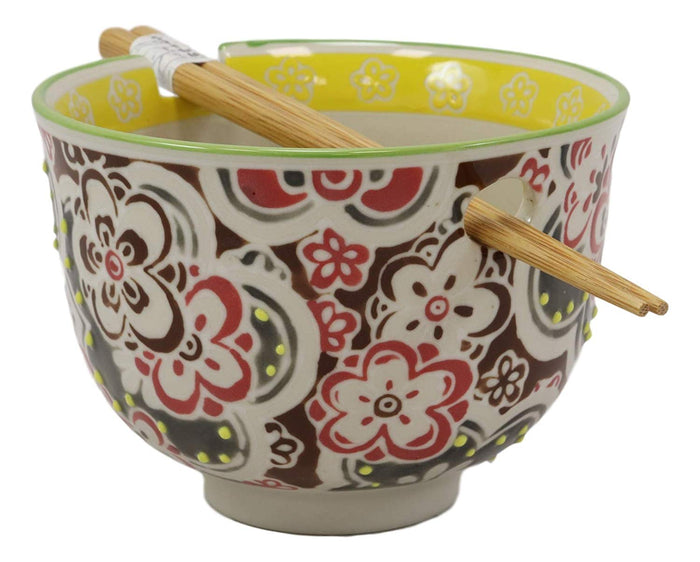 Ebros Gift Ebros Gift Persian Summer Colorful Floral Blossoms Ramen Udong Noodles 5" Diameter Bowl With Built In Chopsticks Rest And Bamboo Chopstick Set For Dining Soup Rice Meal Bowls Decor Kitchen