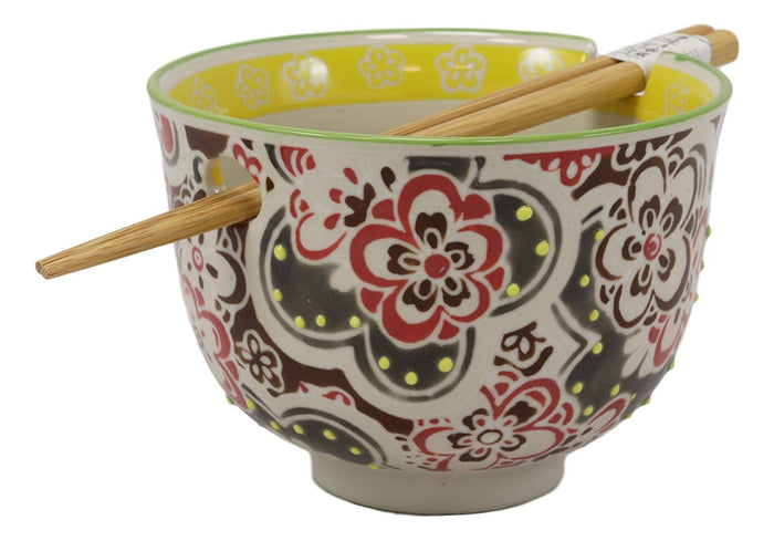 ebros gift Ebros Gift Persian Summer Colorful Floral Blossoms Ramen Udong Noodles 5" Diameter Bowl With Built In Chopsticks Rest and Bamboo Chopstick Set for Dining Soup Rice Meal Bowls Decor Kitchen