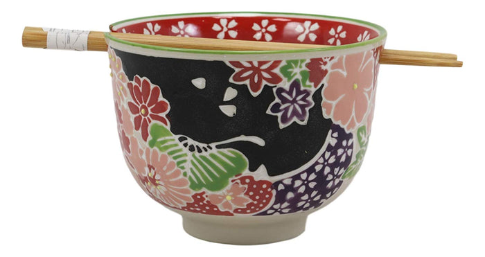 Ebros Gift Ebros Gift Pink Fuchsia Floral Blossoms Ramen Udong Noodles 5" Diameter Bowl With Built In Chopsticks Rest And Bamboo Chopstick Set For Dining Soup Rice Meal Cereal Bowls Decor