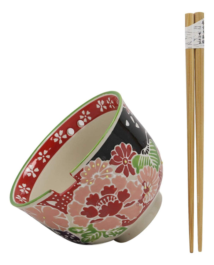 Ebros Gift Ebros Gift Pink Fuchsia Floral Blossoms Ramen Udong Noodles 5" Diameter Bowl With Built In Chopsticks Rest And Bamboo Chopstick Set For Dining Soup Rice Meal Cereal Bowls Decor