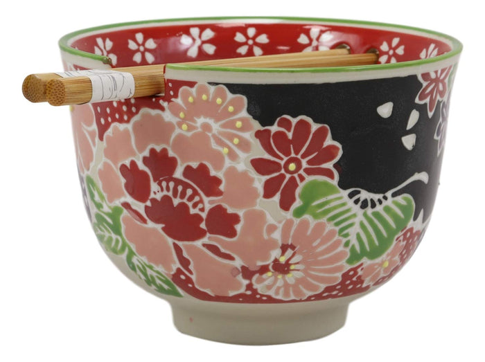 Ebros Gift Ebros Gift Pink Fuchsia Floral Blossoms Ramen Udong Noodles 5" Diameter Bowl With Built In Chopsticks Rest And Bamboo Chopstick Set For Dining Soup Rice Meal Cereal Bowls Decor
