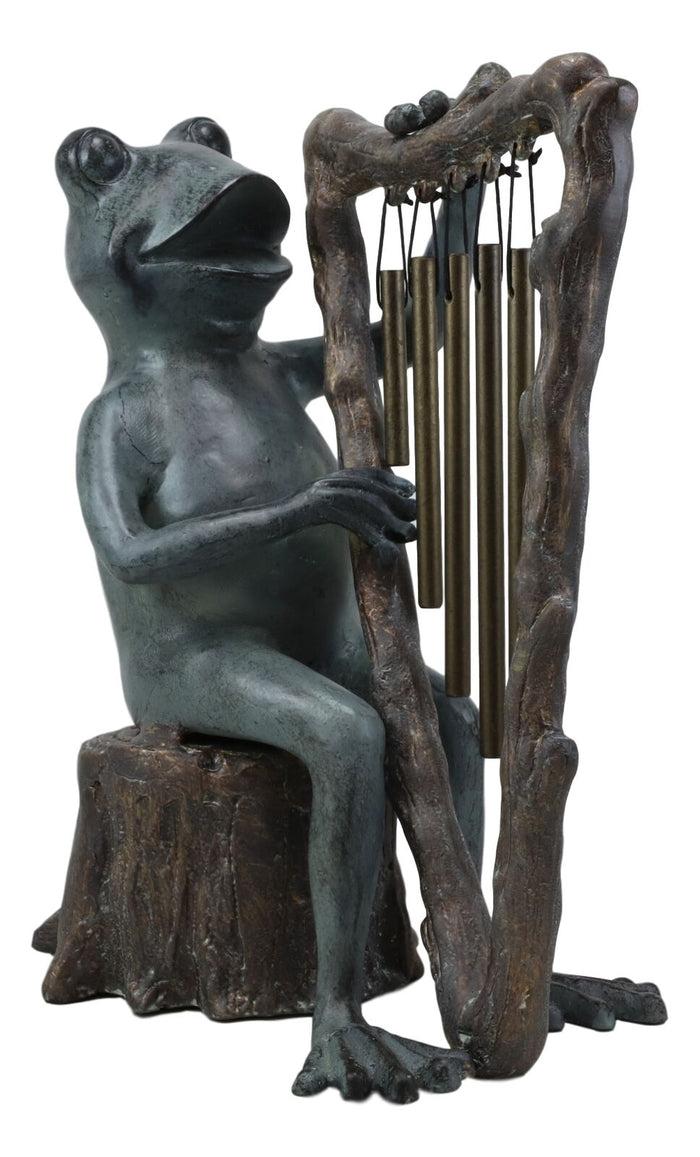 Ebros Gift Ebros Gift Pond Paradise Whimsical Green Frog Playing The Harp Tube Resonant Wind Chime Garden Statue 13.25" Tall Patio Home Pool Deck Accent
