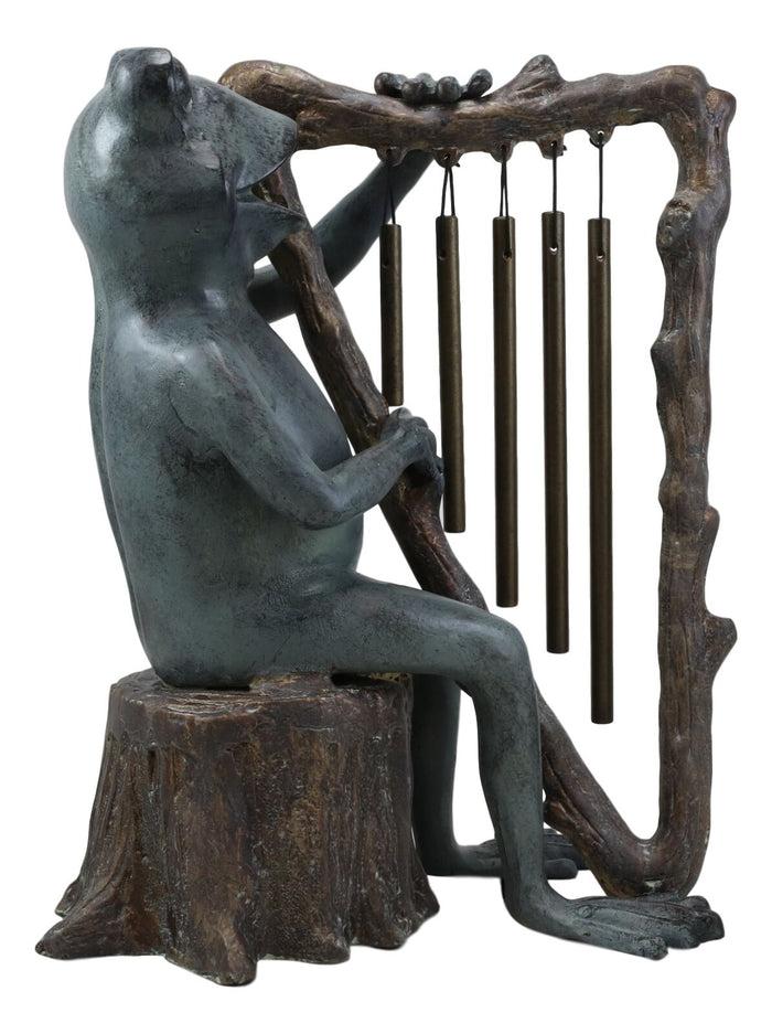 Ebros Gift Ebros Gift Pond Paradise Whimsical Green Frog Playing The Harp Tube Resonant Wind Chime Garden Statue 13.25" Tall Patio Home Pool Deck Accent