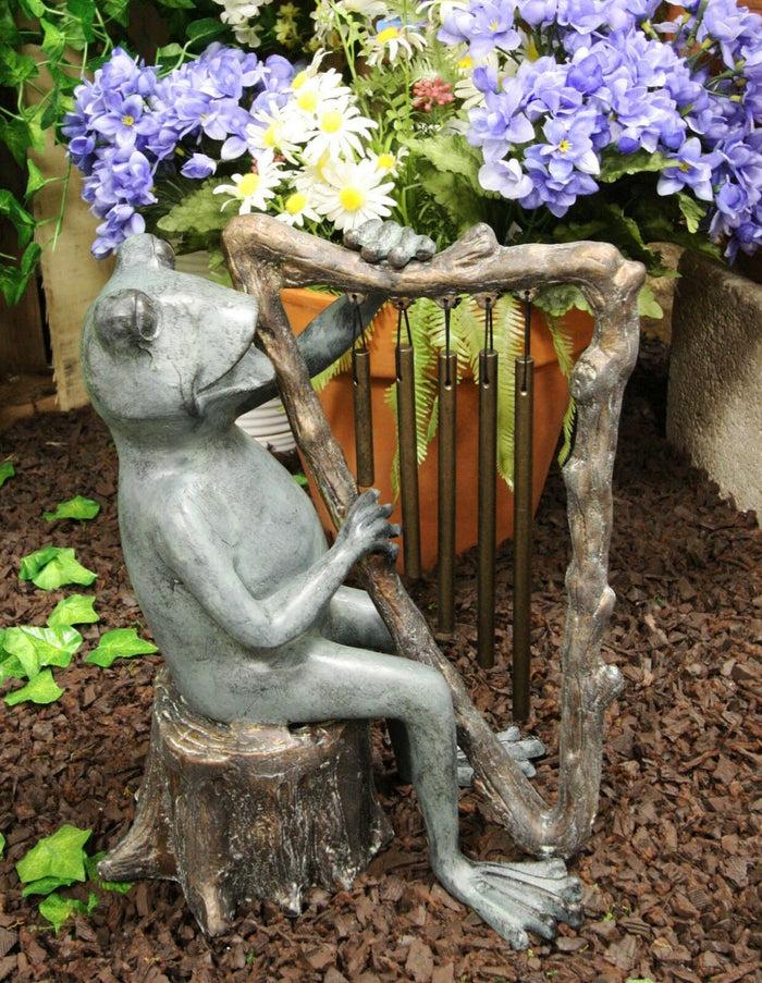 ebros gift Ebros Gift Pond Paradise Whimsical Green Frog Playing The Harp Tube Resonant Wind Chime Garden Statue 13.25" Tall Patio Home Pool Deck Accent