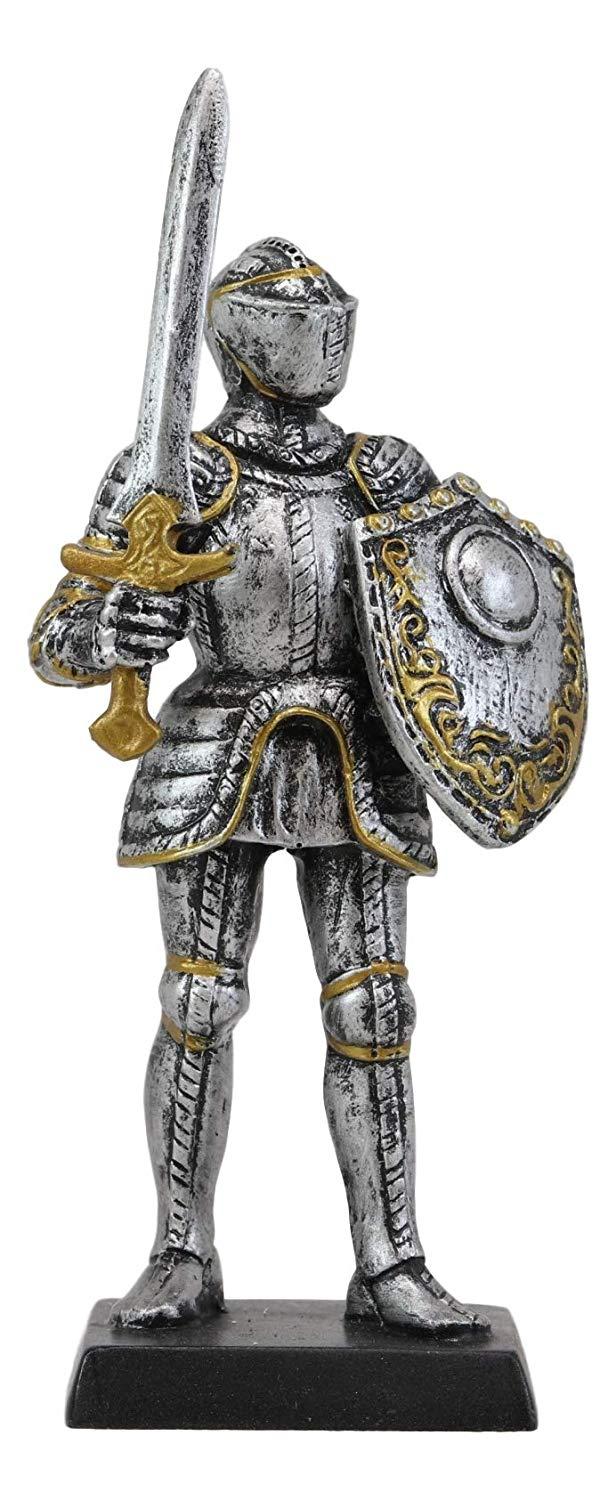 ebros gift Ebros Gift Renaissance Medieval Royal Knight with Long Sword and Large Shield Figurine 5" H Suit of Armor Dollhouse Miniature Knights Sculpture Decor European Empire War Soldier Statue