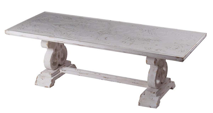 ebros gift Ebros Gift Rustic Off White Distressed Fir Wood Oversized Southern French Living Country Vintage Family Dining Table with Scroll Work Design Base and Glass Top 95" Wide and 30" High Seats 8