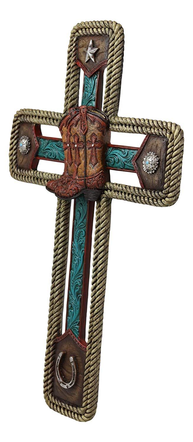 Ebros Gift Ebros Gift Rustic Western Cowboy Boots With Star And Horseshoe Wall Cross Decor Plaque In Rope Embroidery Vintage Design Hanging Sculpture 13.5" High Catholic Christian Accent Decorative Crosses