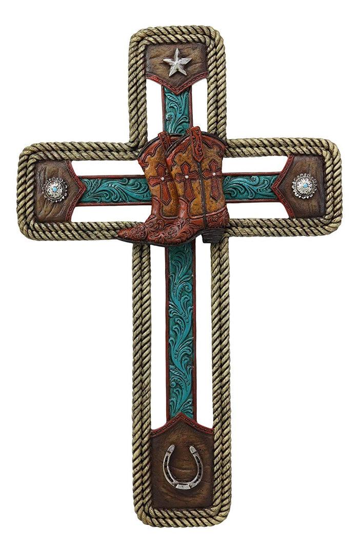 Ebros Gift Ebros Gift Rustic Western Cowboy Boots With Star And Horseshoe Wall Cross Decor Plaque In Rope Embroidery Vintage Design Hanging Sculpture 13.5" High Catholic Christian Accent Decorative Crosses