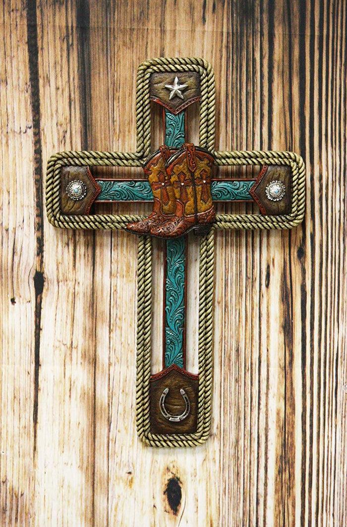 ebros gift Ebros Gift Rustic Western Cowboy Boots with Star and Horseshoe Wall Cross Decor Plaque in Rope Embroidery Vintage Design Hanging Sculpture 13.5" High Catholic Christian Accent Decorative Crosses