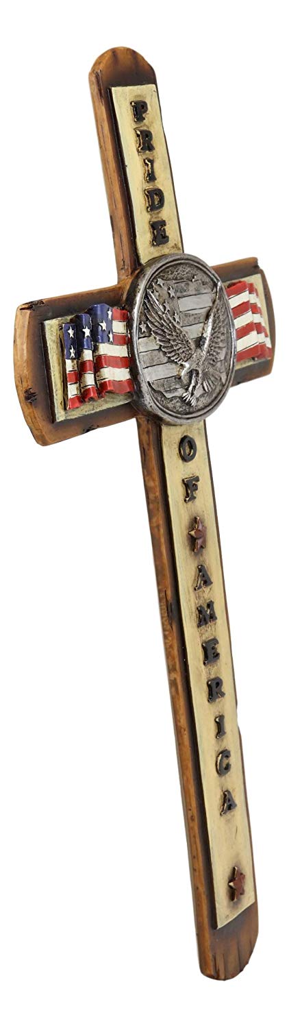Ebros Gift Ebros Gift Rustic Western Patriotic USA Flag With Silver Bald Eagle Emblem Pride Of America Wall Cross Decor Plaque Hanging Sculpture In Faux Wood 13.75"H Accent Decorative Crosses