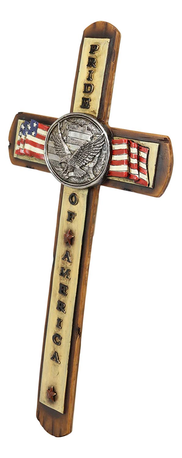 Ebros Gift Ebros Gift Rustic Western Patriotic USA Flag With Silver Bald Eagle Emblem Pride Of America Wall Cross Decor Plaque Hanging Sculpture In Faux Wood 13.75"H Accent Decorative Crosses