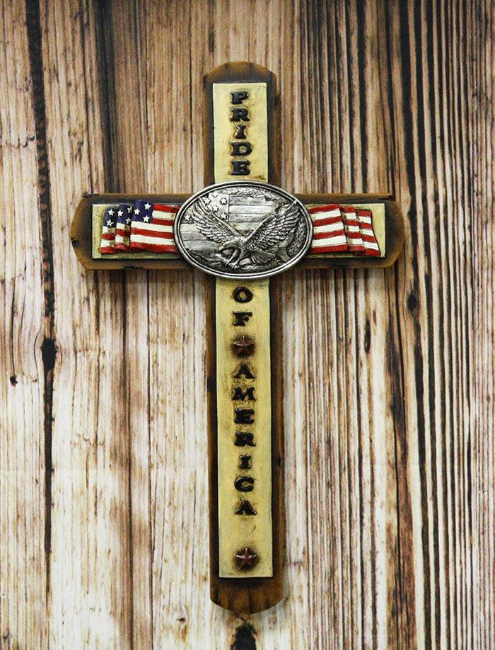 ebros gift Ebros Gift Rustic Western Patriotic USA Flag With Silver Bald Eagle Emblem Pride Of America Wall Cross Decor Plaque Hanging Sculpture In Faux Wood 13.75"H Accent Decorative Crosses