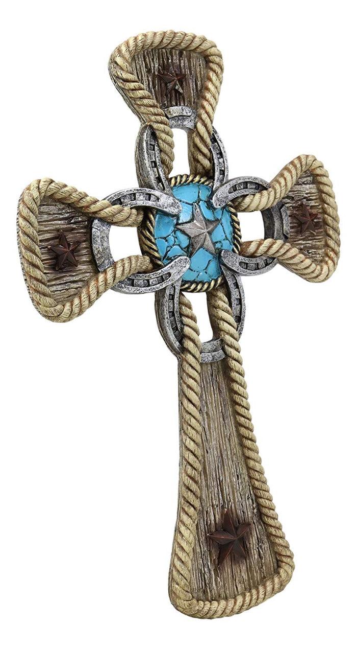 Ebros Gift Ebros Gift Rustic Western Stars Turquoise Gem Horseshoe Wall Cross Decor Plaque In Rope Embroidery Outline Finish Hanging Sculpture 12" High Decorative Crosses