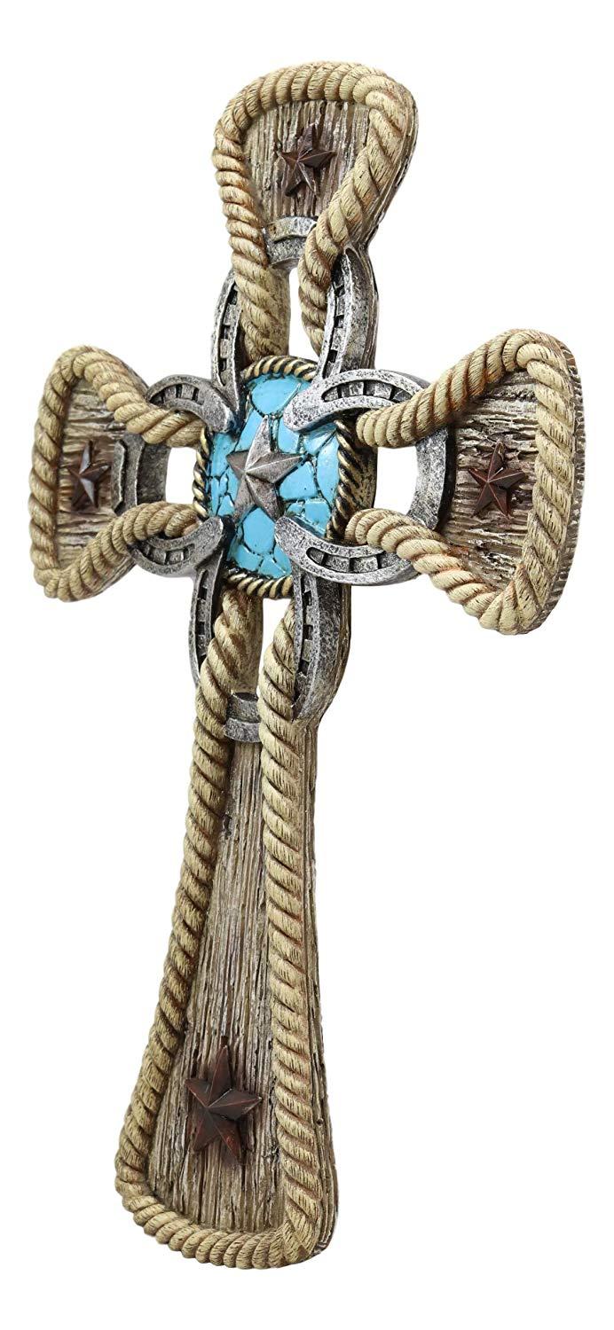 Ebros Gift Ebros Gift Rustic Western Stars Turquoise Gem Horseshoe Wall Cross Decor Plaque In Rope Embroidery Outline Finish Hanging Sculpture 12" High Decorative Crosses