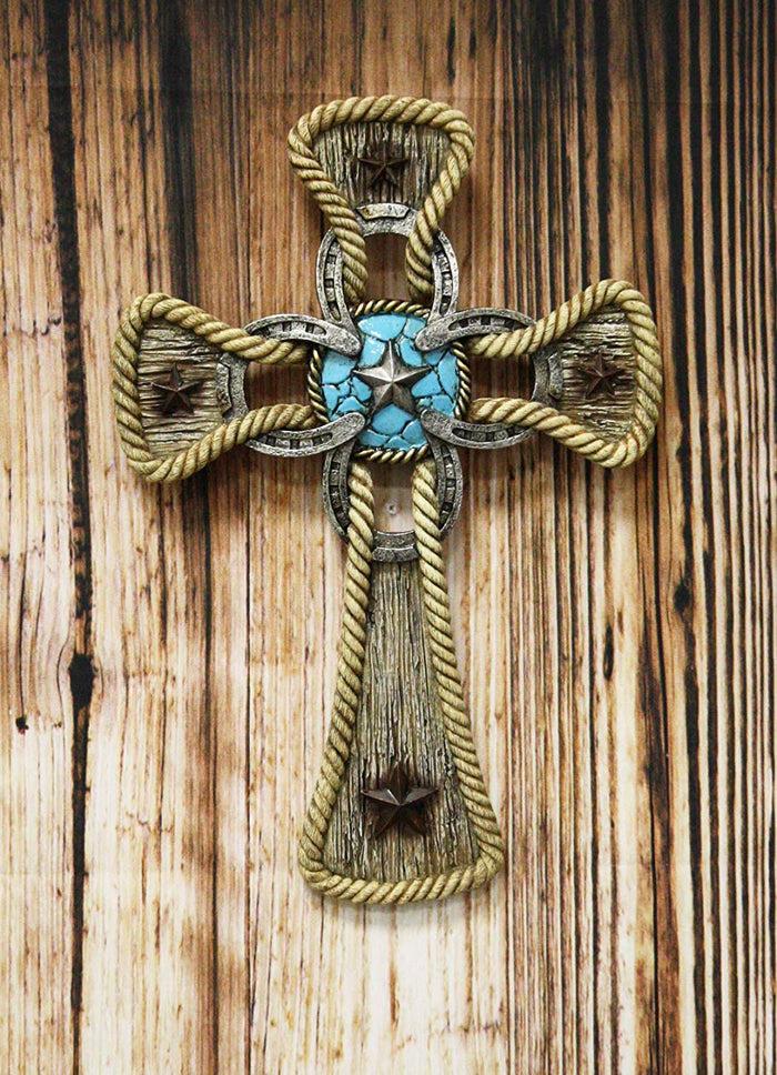 ebros gift Ebros Gift Rustic Western Stars Turquoise Gem Horseshoe Wall Cross Decor Plaque In Rope Embroidery Outline Finish Hanging Sculpture 12" High Decorative Crosses