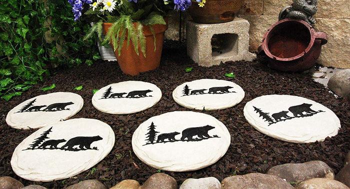 ebros gift Ebros Gift Rustic Wildlife Pine Tree Forest Trail Black Bear Mother and Cub Faux Stone Resin Garden Stepping Stones 9" Diameter Decorative Cabin Lodge Mountain Gardening Accent Decor (6)