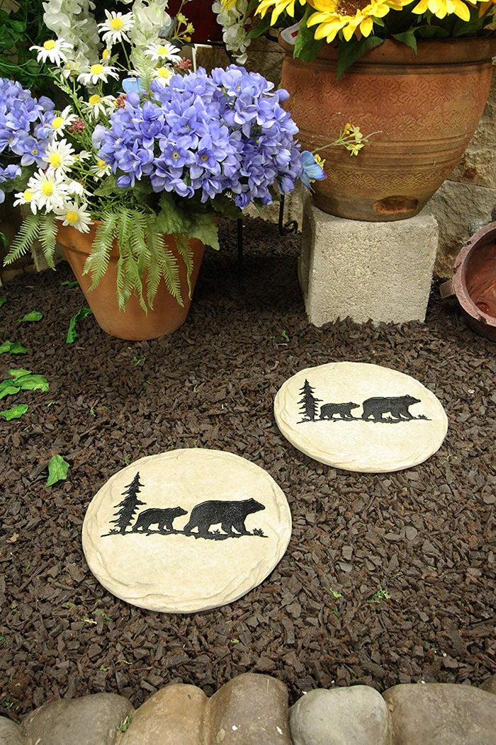 ebros gift Ebros Gift Rustic Wildlife Pine Tree Forest Trail Black Bear Mother and Cub Faux Stone Resin Garden Stepping Stones 9" Diameter Decorative Cabin Lodge Mountain Gardening Accent Decor (2)