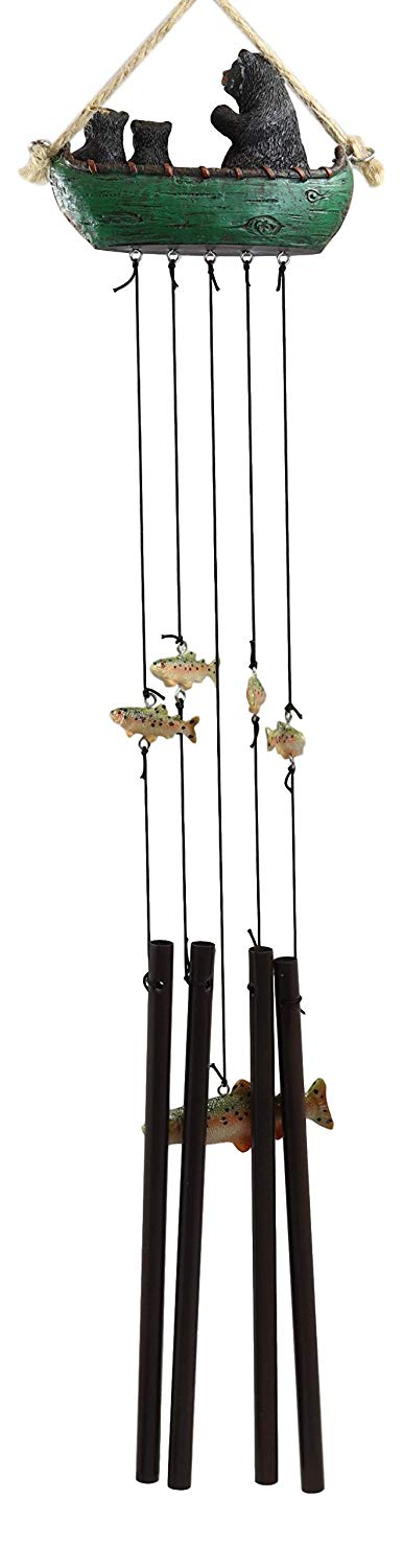 Ebros Gift Ebros Gift Rustic Woodland Forest Black Bear Mother And 2 Cubs Family Rowing Canoe Boat Figurine Top Resonant Wind Chime With Fish Ornaments Garden Patio Rustic Cabin Lodge Mountain River Home Accent
