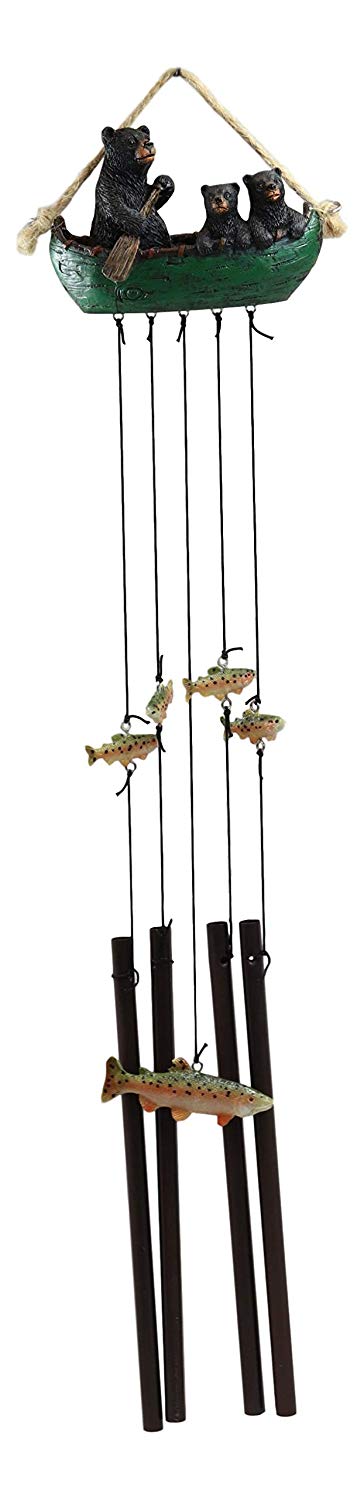 Ebros Gift Ebros Gift Rustic Woodland Forest Black Bear Mother And 2 Cubs Family Rowing Canoe Boat Figurine Top Resonant Wind Chime With Fish Ornaments Garden Patio Rustic Cabin Lodge Mountain River Home Accent