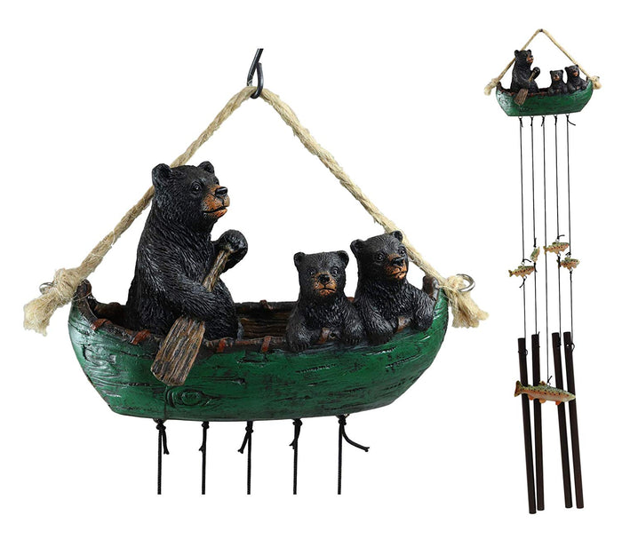 ebros gift Ebros Gift Rustic Woodland Forest Black Bear Mother and 2 Cubs Family Rowing Canoe Boat Figurine Top Resonant Wind Chime with Fish Ornaments Garden Patio Rustic Cabin Lodge Mountain River Home Accent