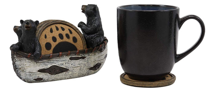 Ebros Gift Ebros Gift Rustic Woodlands 3 Black Bears Family On Paddle Canoe Boat Bear Paw Coaster Set 4 Round Coasters With Figurine Holder 7" Long Cabin Lodge Mountain Lake Side Home Decor Kitchen Accent