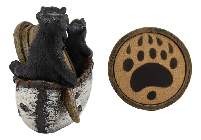 Ebros Gift Ebros Gift Rustic Woodlands 3 Black Bears Family On Paddle Canoe Boat Bear Paw Coaster Set 4 Round Coasters With Figurine Holder 7" Long Cabin Lodge Mountain Lake Side Home Decor Kitchen Accent