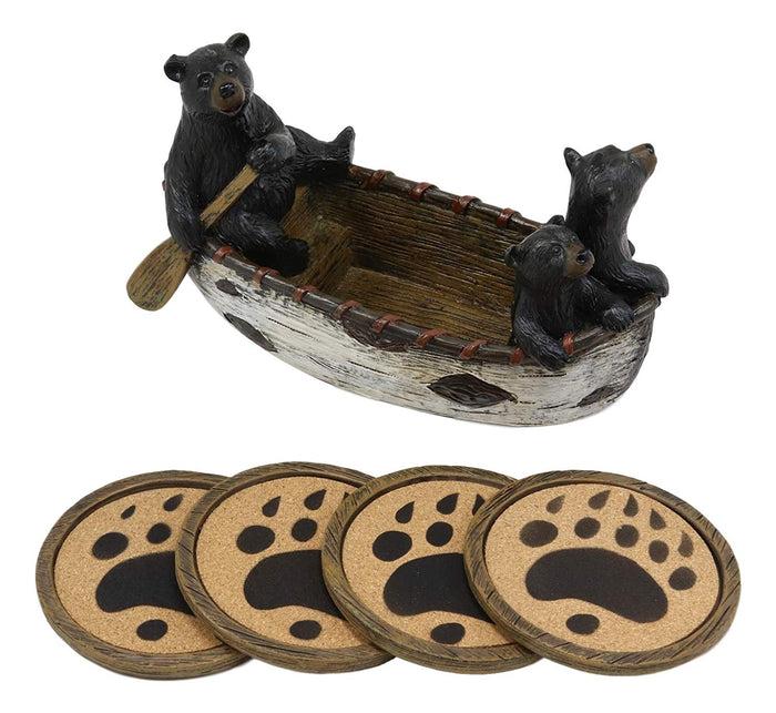 Ebros Gift Ebros Gift Rustic Woodlands 3 Black Bears Family On Paddle Canoe Boat Bear Paw Coaster Set 4 Round Coasters With Figurine Holder 7" Long Cabin Lodge Mountain Lake Side Home Decor Kitchen Accent