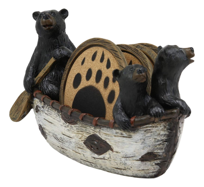 ebros gift Ebros Gift Rustic Woodlands 3 Black Bears Family On Paddle Canoe Boat Bear Paw Coaster Set 4 Round Coasters with Figurine Holder 7" Long Cabin Lodge Mountain Lake Side Home Decor Kitchen Accent