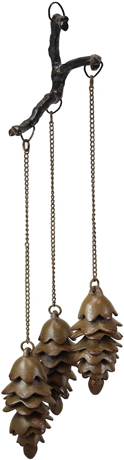 Ebros Gift Ebros Gift Rustic Woodlands Cast Iron Triple Pine Cones Hanging From Twigs Resonant Wind Chime 27.5" High Pinecone Hanging Ornaments Garden Patio Western Cabin Lodge Mountain Home Accent