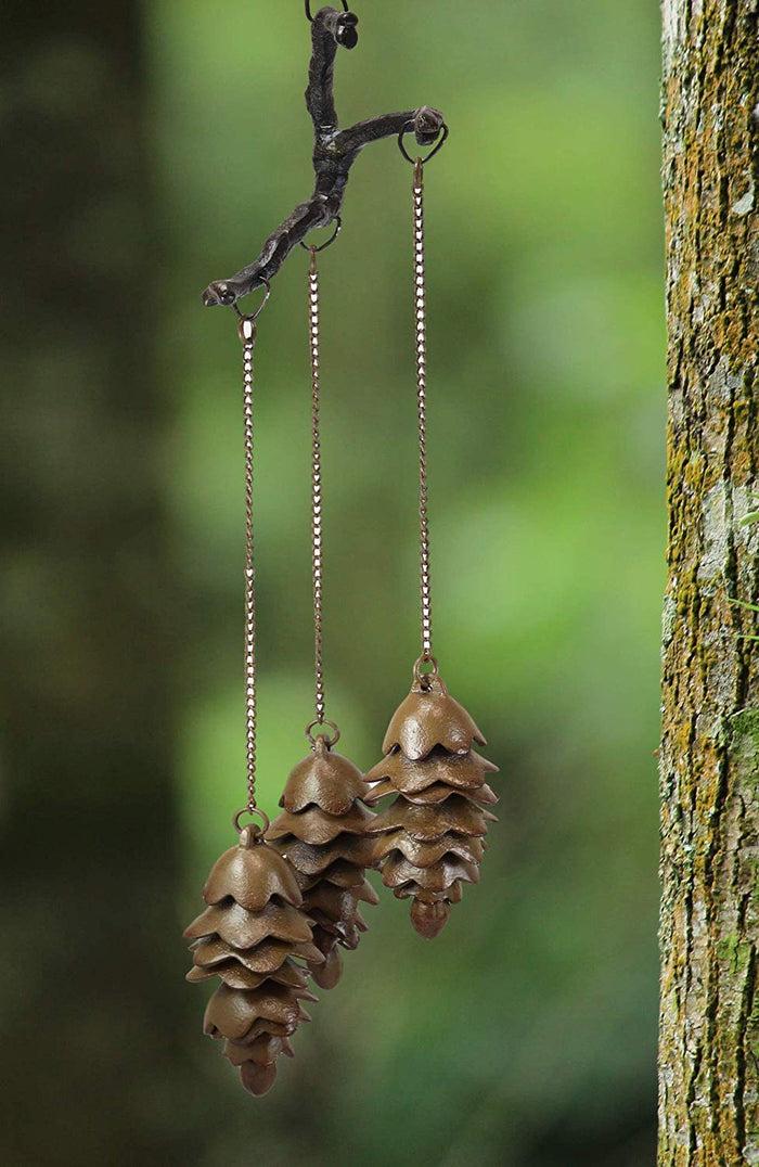 ebros gift Ebros Gift Rustic Woodlands Cast Iron Triple Pine Cones Hanging from Twigs Resonant Wind Chime 27.5" High Pinecone Hanging Ornaments Garden Patio Western Cabin Lodge Mountain Home Accent