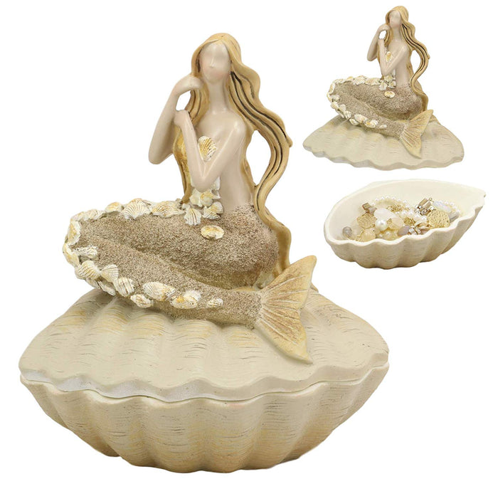 Ebros Gift Ebros Gift Sand Brown Abstract Mermaid Sitting On Giant Sea Shell Jewelry Box Figurine With Sea Shell Ornaments 7" High