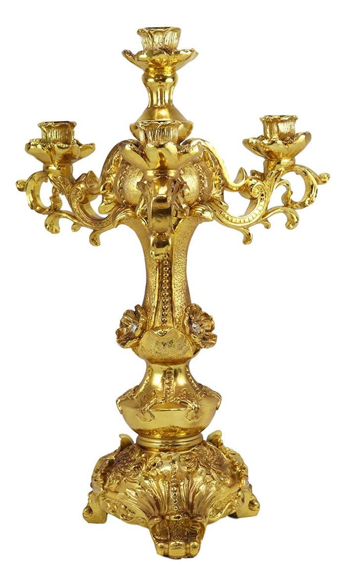 Ebros Gift Ebros Gift Set Of 2 Large 18" H Vintage Antique Baroque Design Electroplated Gold Candelabra For 4 Candles Candle Holder Home Decor Accent Wedding Centerpiece Mantelpiece Sculpture With Crystals