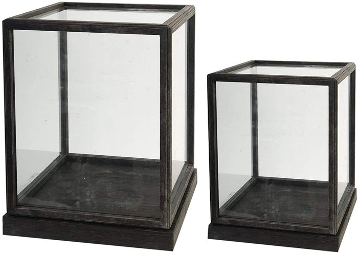 Ebros Gift Ebros Gift Set Of 2 Large Decorative Sleek Clear Glass Display Boxes With Fir Wood Frames Apothecary Cloche Bell Box Jars Centerpiece Dome Display Terrarium Case 19" H And 17" H