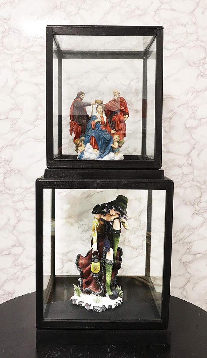 ebros gift Ebros Gift Set of 2 Large Decorative Sleek Clear Glass Display Boxes with Fir Wood Frames Apothecary Cloche Bell Box Jars Centerpiece Dome Display Terrarium Case 19" H and 17" H