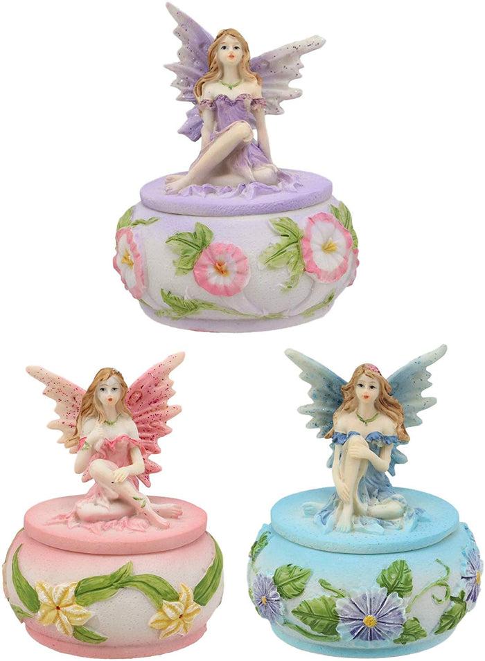 Ebros Gift Ebros Gift Set Of 3 Colorful Pastel Pink Blue Purple Flower Fairy Small Round Trinket Jewelry Box Figurines 3.25" High