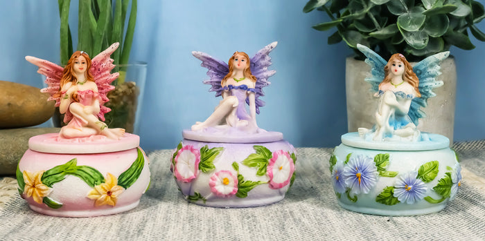 ebros gift Ebros Gift Set of 3 Colorful Pastel Pink Blue Purple Flower Fairy Small Round Trinket Jewelry Box Figurines 3.25" High