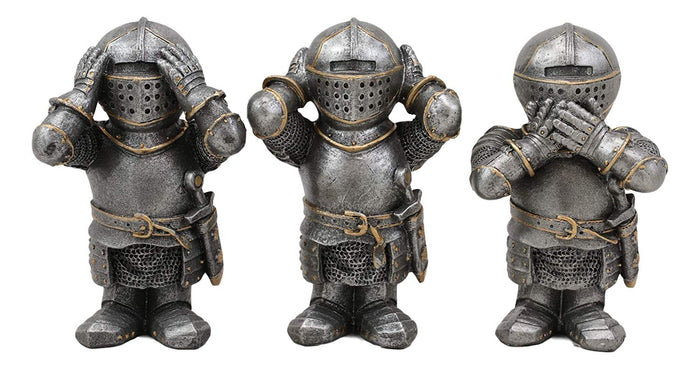 Ebros Gift Ebros Gift Set Of 3 Renaissance Medieval See Hear Speak No Evil Royal Knights Figurine 4" Tall Suit Of Armor Dollhouse Miniature European Knights Sculpture Decor