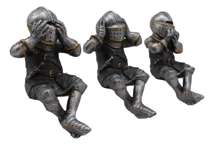 Ebros Gift Ebros Gift Set Of 3 Renaissance Medieval See Hear Speak No Evil Royal Knights With Black Tunic Ledge Or Shelf Sitters Figurine 4" Tall Suit Of Armor Miniature Knights Decor