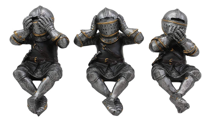 Ebros Gift Ebros Gift Set Of 3 Renaissance Medieval See Hear Speak No Evil Royal Knights With Black Tunic Ledge Or Shelf Sitters Figurine 4" Tall Suit Of Armor Miniature Knights Decor