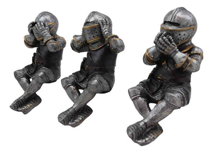 Ebros Gift Ebros Gift Set Of 3 Renaissance Medieval See Hear Speak No Evil Royal Knights With Black Tunic Ledge Or Shelf Sitters Figurine 4" Tall Suit Of Armor Miniature Knights Decor