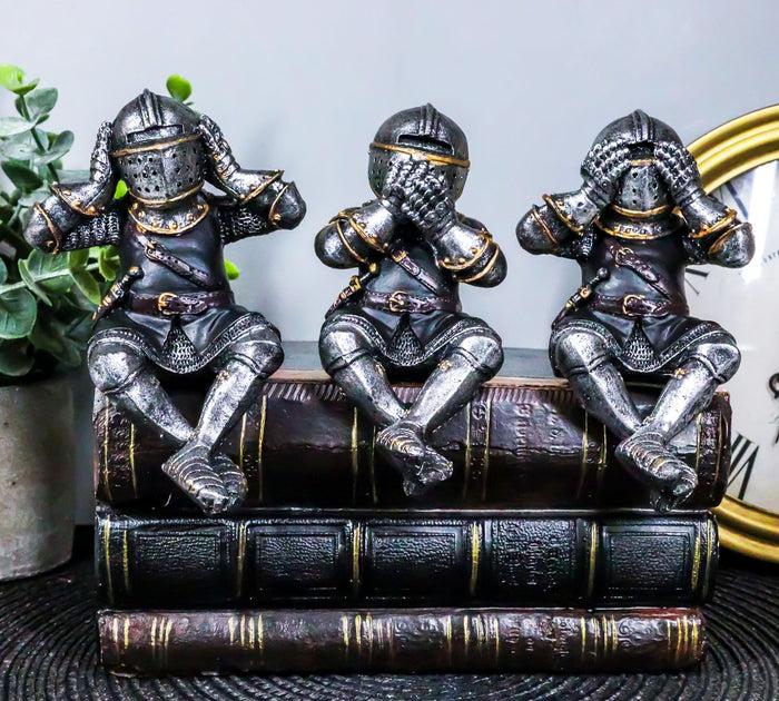 ebros gift Ebros Gift Set of 3 Renaissance Medieval See Hear Speak No Evil Royal Knights with Black Tunic Ledge Or Shelf Sitters Figurine 4" Tall Suit of Armor Miniature Knights Decor